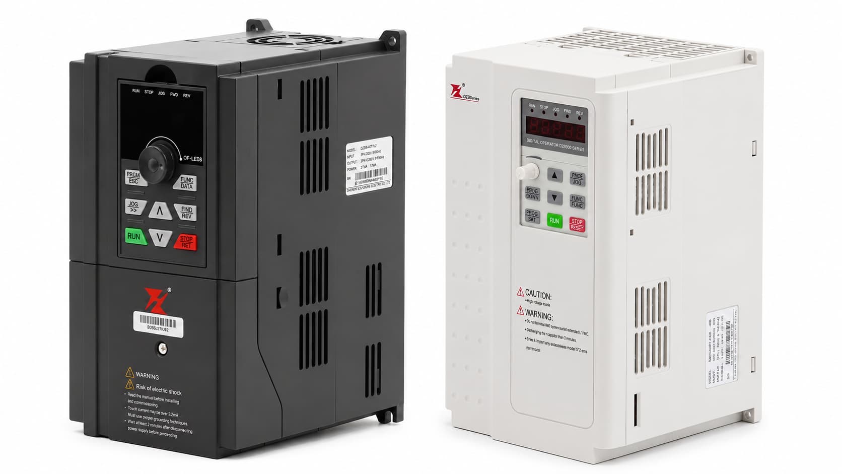 Kombinált VFD frekvenciaváltó nézet a fehér 220V és fekete 380V modellel
